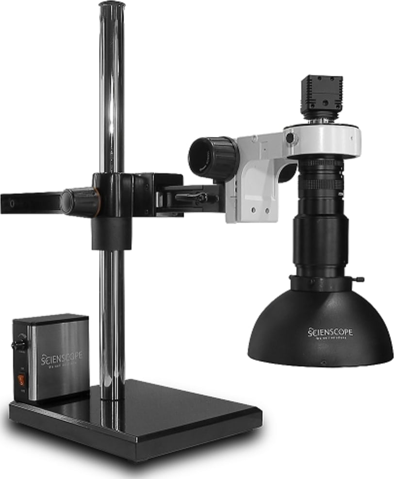 Scienscope MAC-PK5-DM-U Macro Zoom Lens on Gliding Arm Boom Stand with USB2.0 Camera & Defused LED Dome Ring Light
