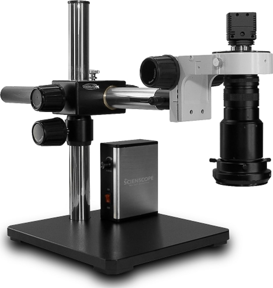 Scienscope MAC-PK5-DPL-U-S Macro Zoom Lens on Single Arm Boom Stand with USB2.0 Camera & Fiber Optic Dual Pipe Light
