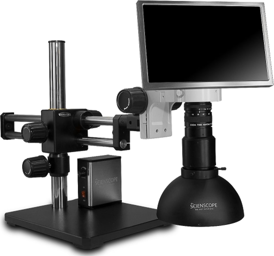 Scienscope MAC2-PK5-DM-D Macro Zoom Lens with HD Camera & Montior Combo on Gliding Arm Boom Stand with Defused LED Dome Ring Light
