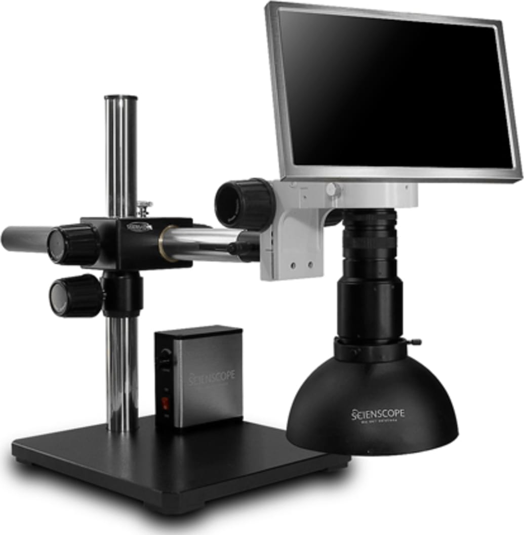 Scienscope MAC2-PK5-DM-S Macro Zoom Lens with HD Camera & Montior Combo on Single Arm Boom Stand with Defused LED Dome Ring Light