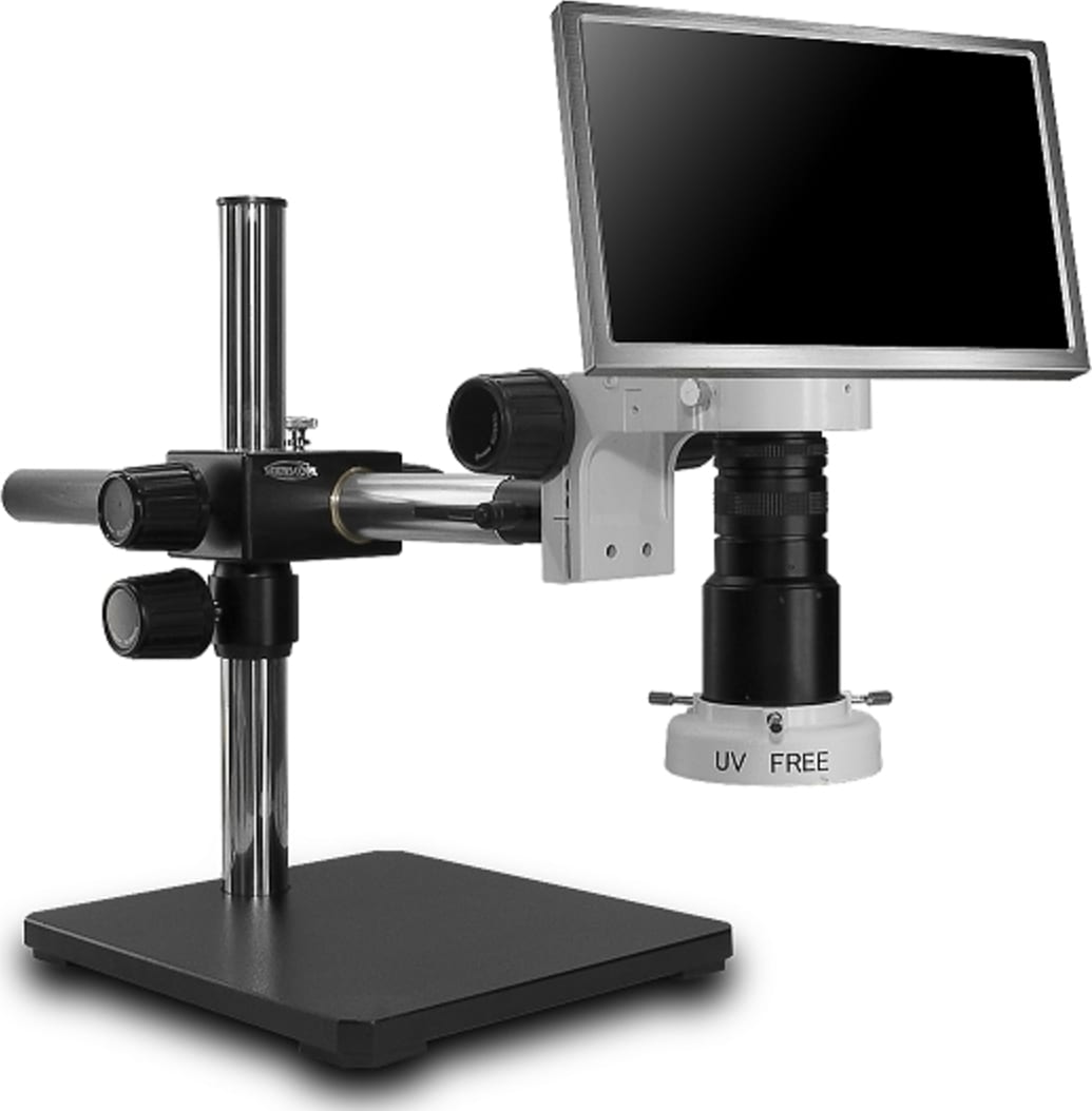 Scienscope MAC2-PK5-E2D-S Macro Zoom Lens with HD Camera & Montior Combo on Single Arm Boom Stand with Defused Compact LED Ring Light