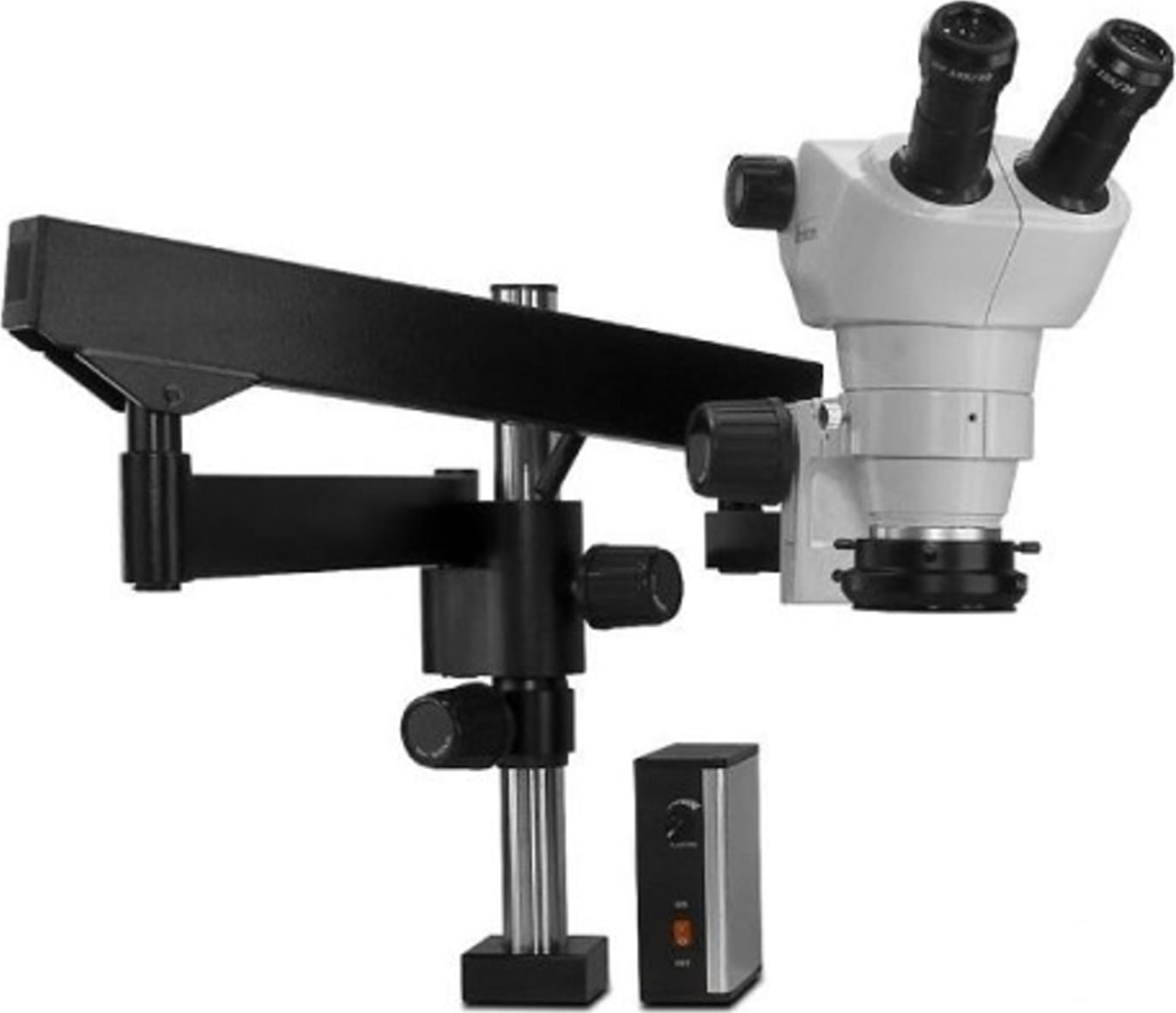 Scienscope NZ-PK3-DPL-FX NZ Stereo Zoom Body on Heavy Duty C-Lamp Articulating Arm w/ Fiber Optic Dual Pipe Light