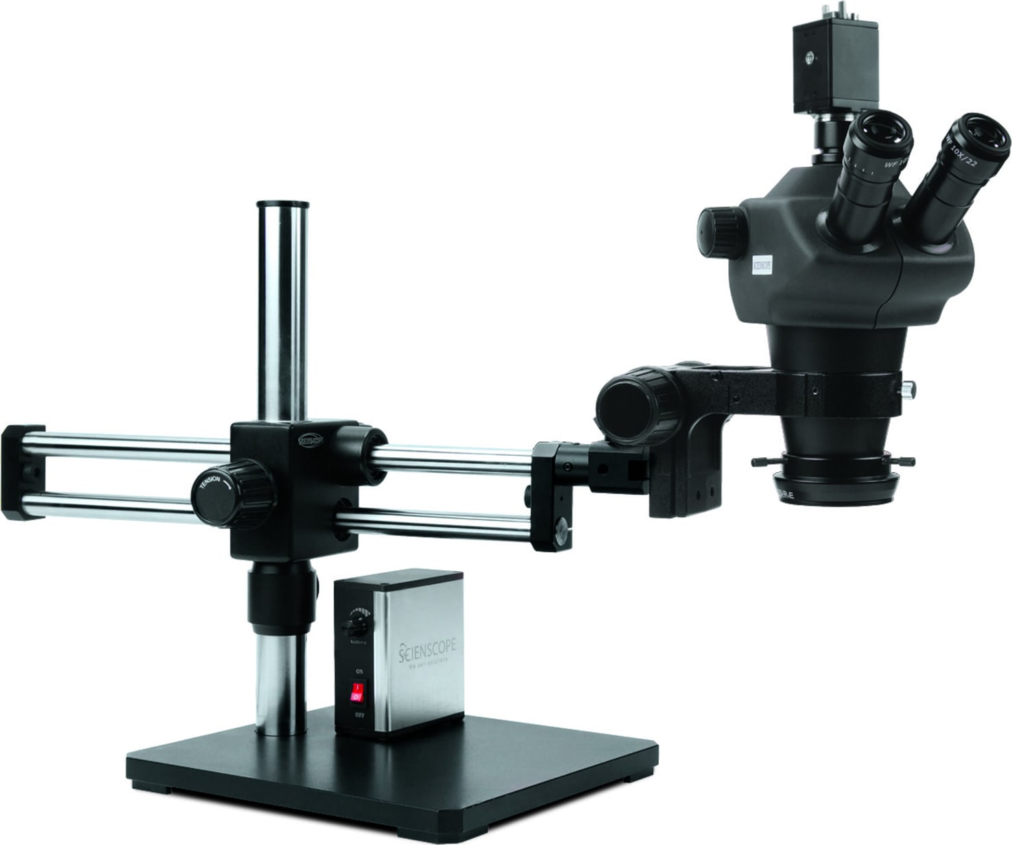 Scienscope NZ-PK9-LED-ESD ESD Safe NZ Stereo Zoom Trinocular Body on Dual Arm Boom Stand with USB2.0 Camera & LED Ring Light