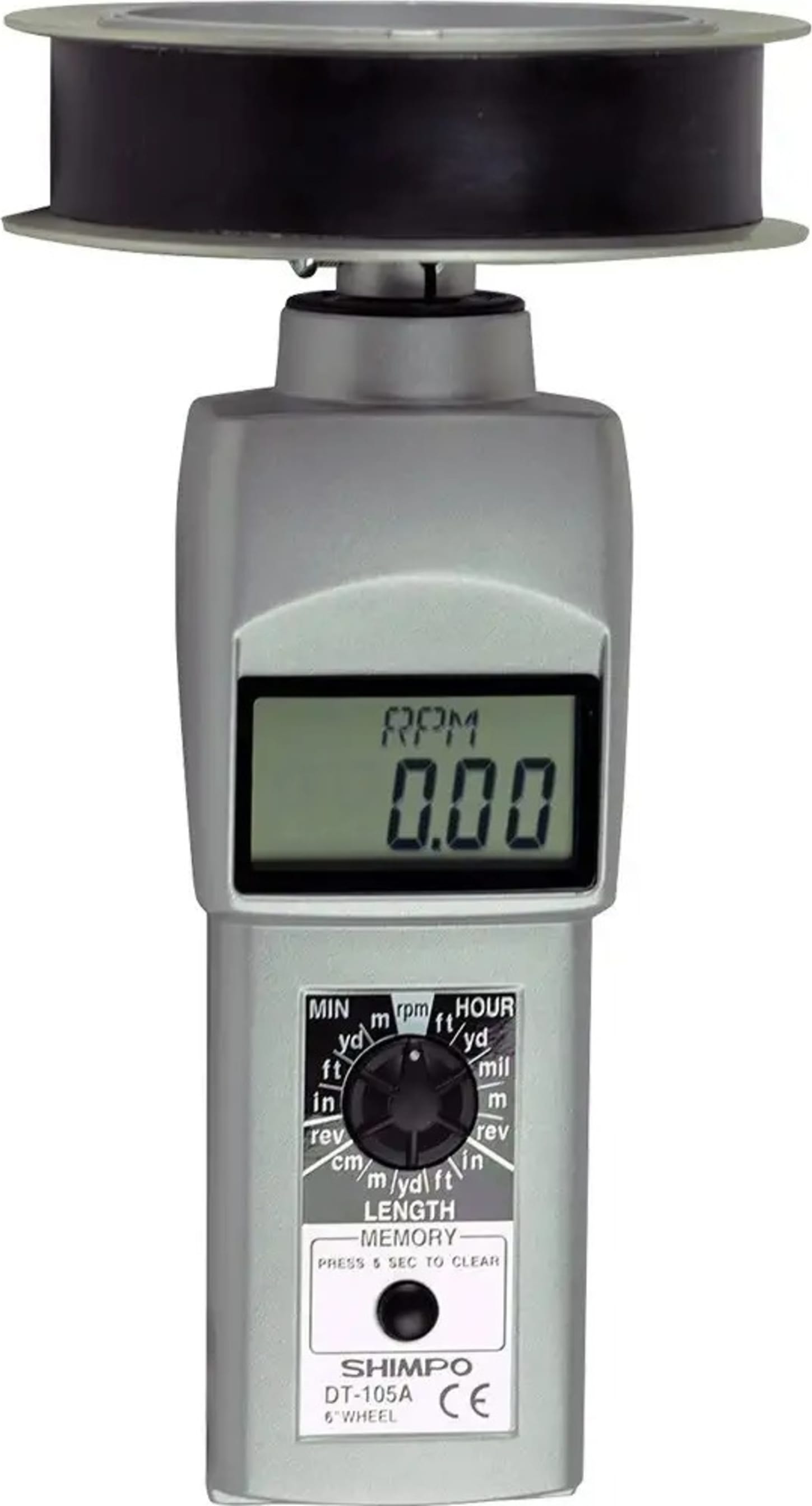 Shimpo DT-105A-12CBL LCD Contact Tachometer with 12-in Contact Wheel
