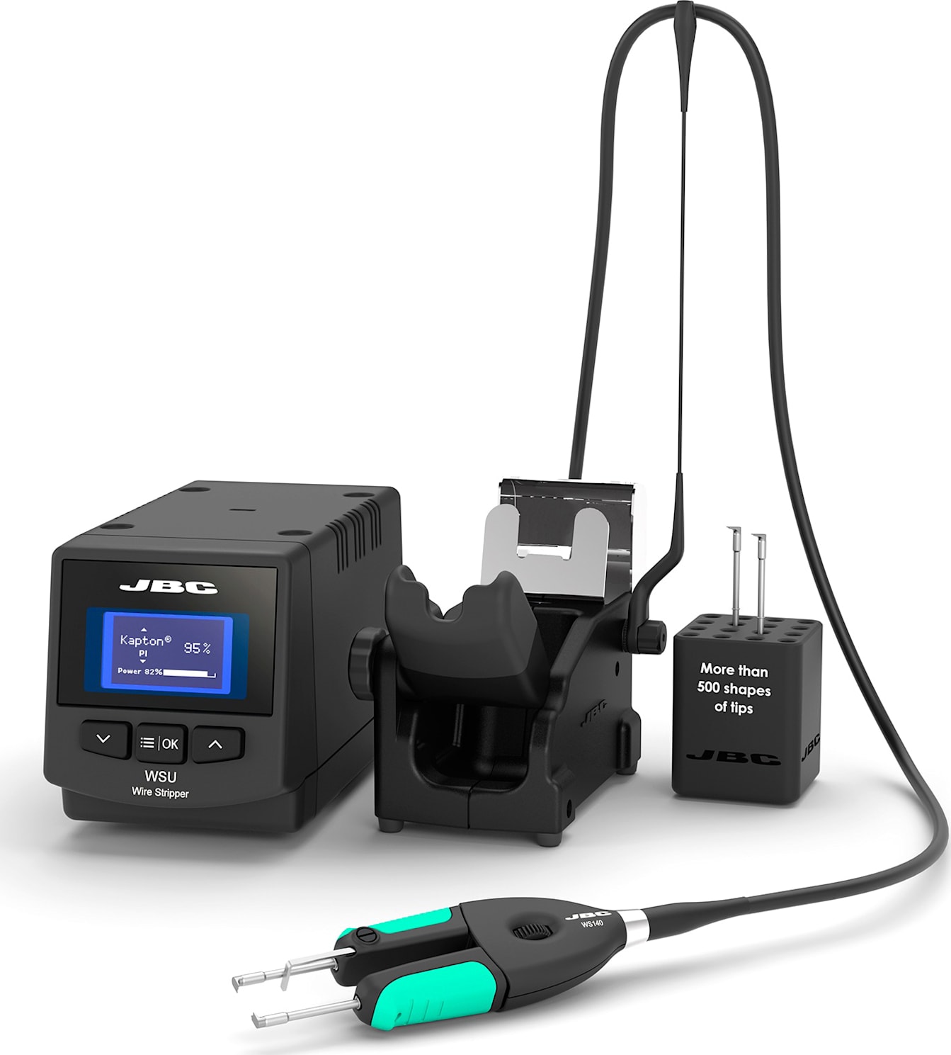 JBC WSS - Control Unit, WSBT Stand, WS140 Precision High-Temperature Wire Stripper Tweezers, and SCH Cartridge Holder