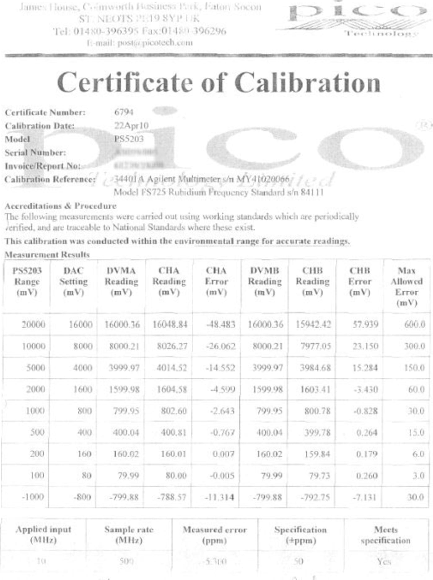 Pico CC045 Calibration Certificate for PicoScope 4444