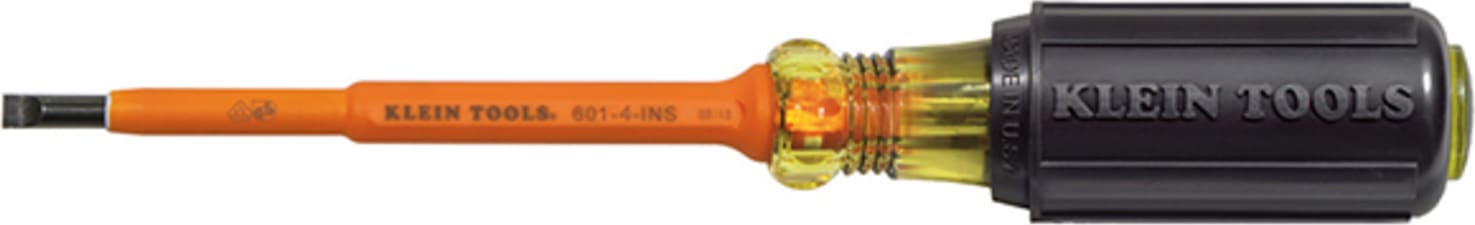 Klein Tools 601-4-INS 4" Round-Shank Screwdriver, 3/16" Cabinet Tip, Insulated