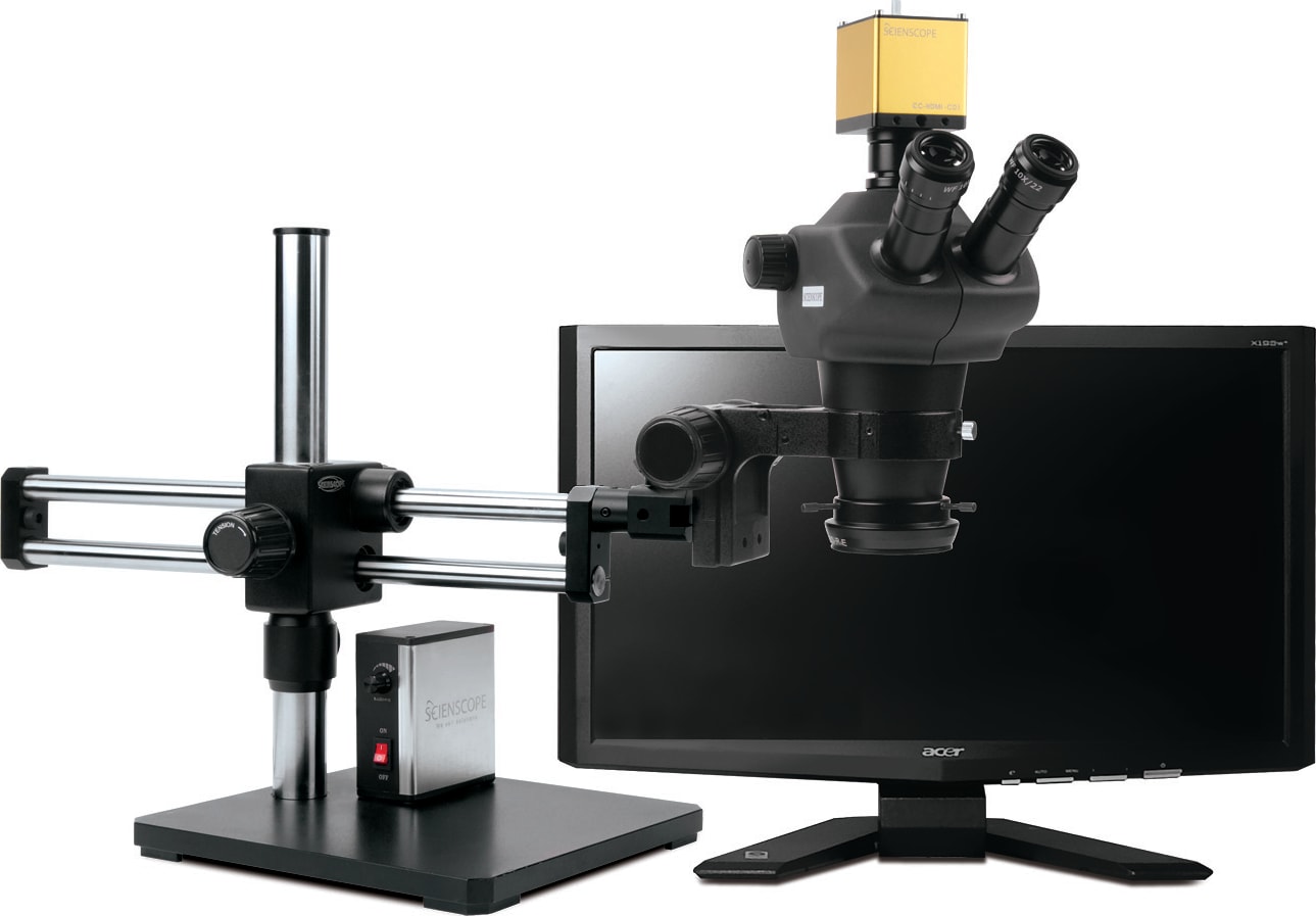 Scienscope NZ-PK7-LED-ESD ESD Safe NZ Stereo Zoom Trinocular Body on Dual Arm Boom Stand with HD Camera & LED Ring Light