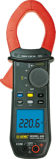 AEMC 405 - Power Clamp-on Meter (TRMS, 1000VAC/DC, 1000AAC/1500ADC, Ohms, Continuity, Phase Rotation, Power, THD)