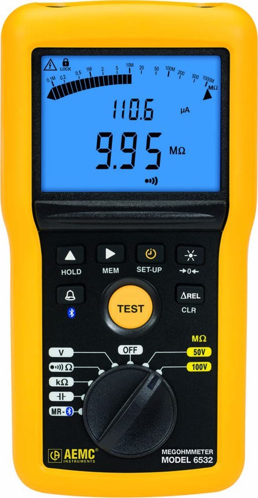 AEMC Megohmmeter Model 6532 (Digital w/ Analog Bargraph, Alarm, 50V, 100V, Ohm, Continuity, V, kOhm, Capacity, Memory, Bluetooth w/ DataView Software)