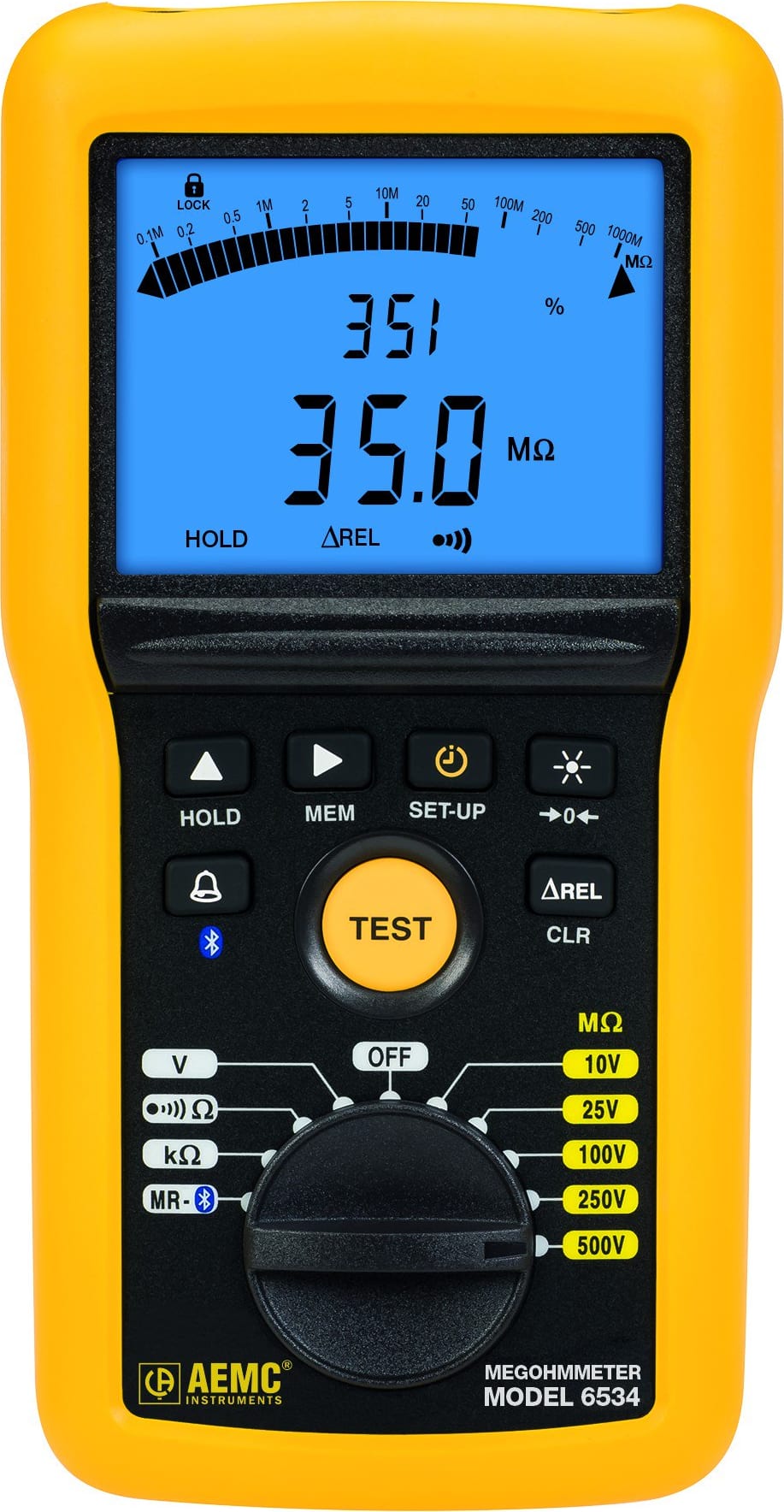 AEMC 6534 - Megohmmeter (Digital w/ Analog Bargraph, Alarm, 10V, 25V, 100V, 250V, 500V, Ohm, Continuity, V, kOhm, Memory, Bluetooth)