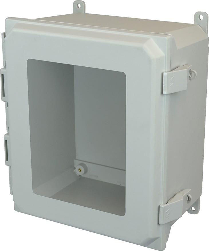 Allied Moulded AMU1426NLW 14X12X6 NEMA 4X Fiberglass Enclosure Nonmetal Latch Hinged Cover Window Foot Mount