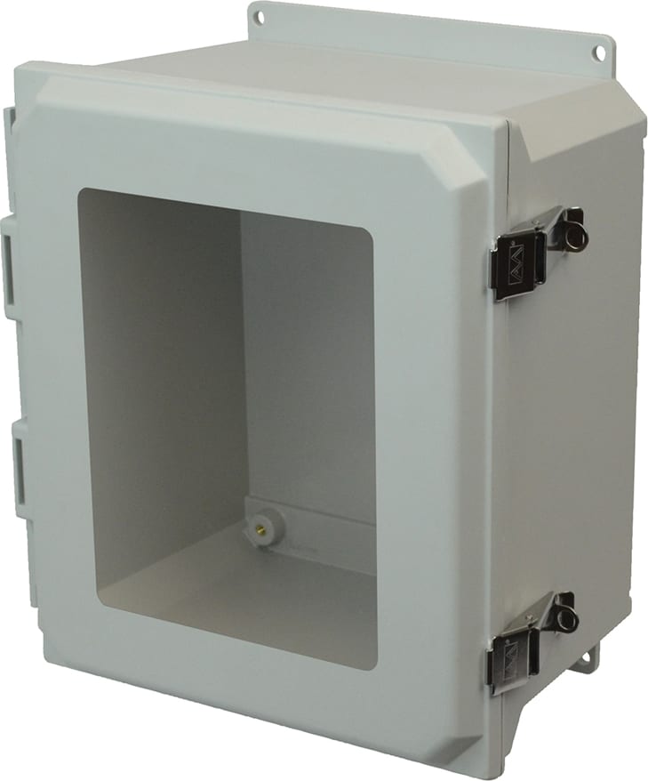 Allied Moulded AMU1648LWF 16x14x8 NEMA 4X Snap Latch Hinged Cover Fiberglass Enclosure with Window and Flange
