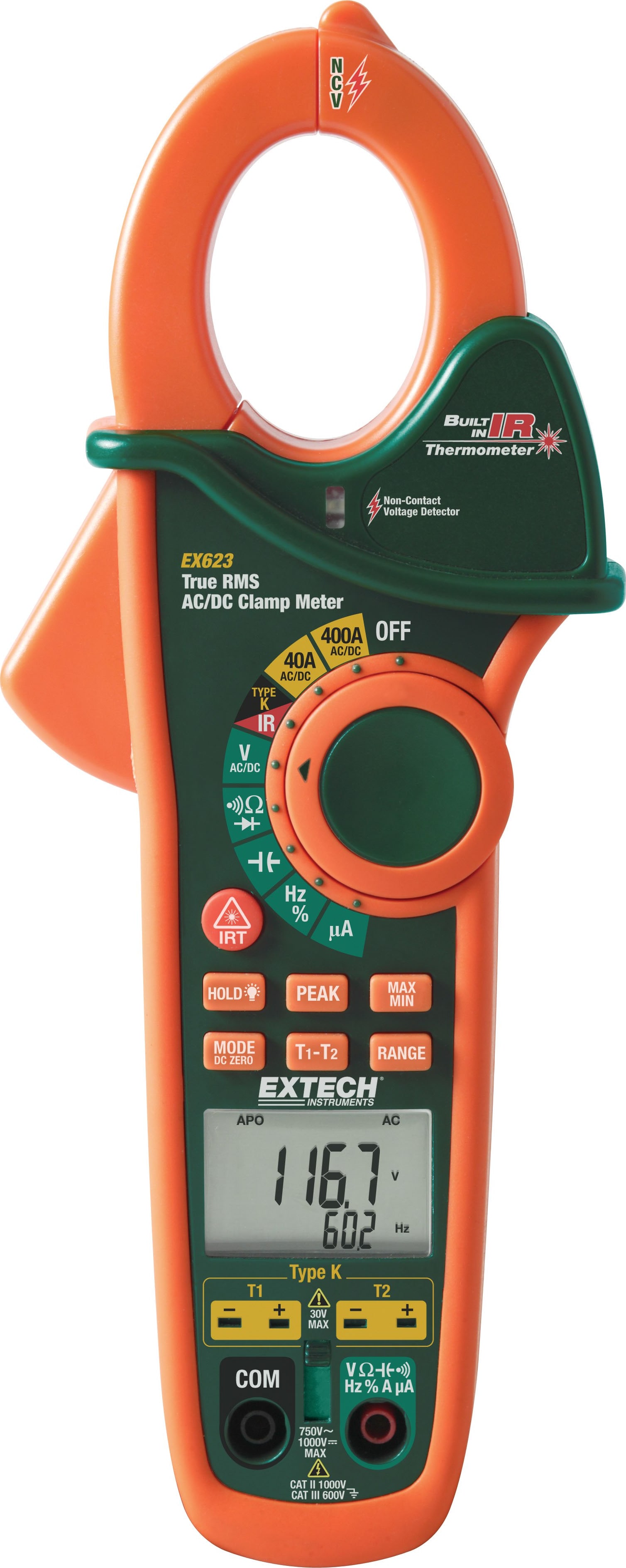 Extech EX623 400A Dual Input AC/DC Clamp Meter   NCV   IR Thermometer