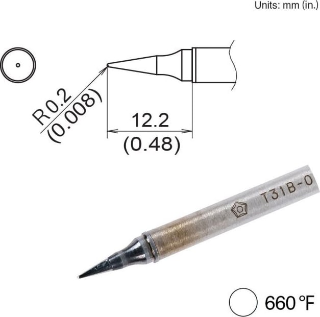 Hakko T31B-03IL - Conical Tip, R0.2mm x 12.2mm, 350°C/660°F