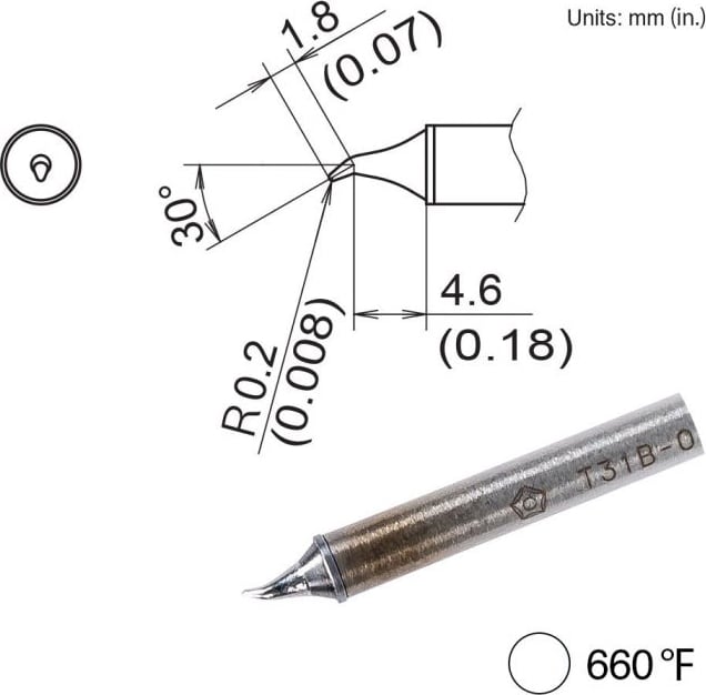 Hakko T31B-03JS02 - Bent Tip, R0.2mm/30° x 1.8mm x 4.6mm, 350°C/660°F