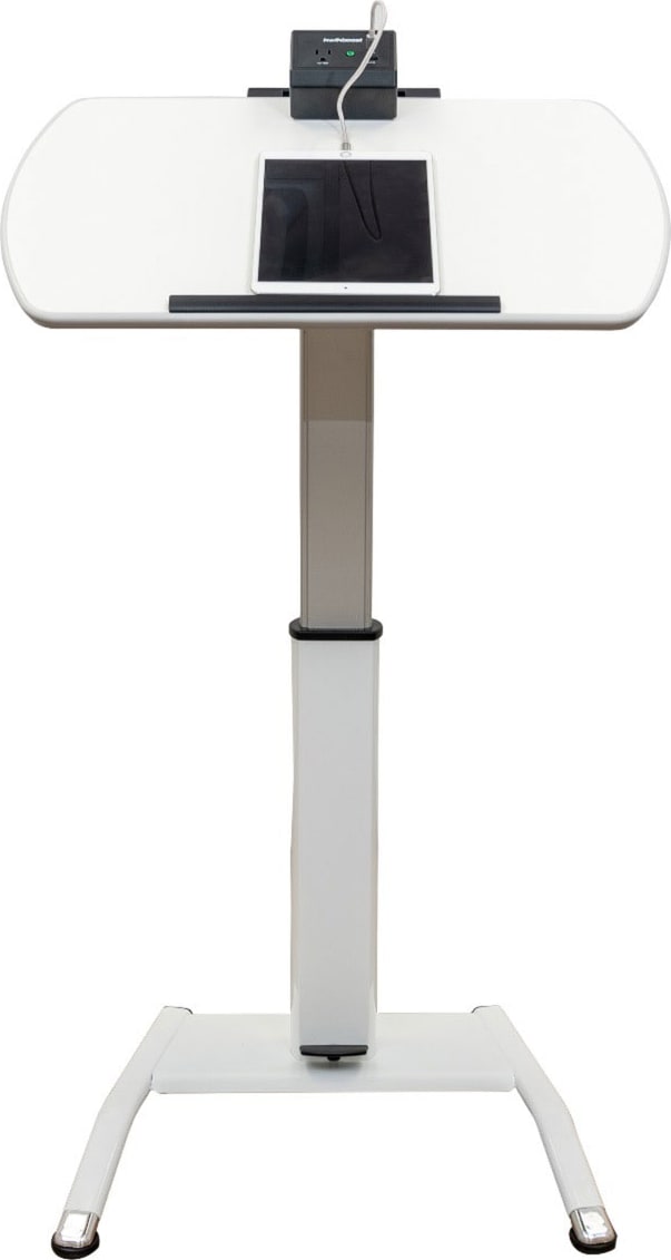 Luxor Pneumatic Height-Adjustable Lectern/Mobile Standing Desk with KwikBoost EdgePower Charging Station