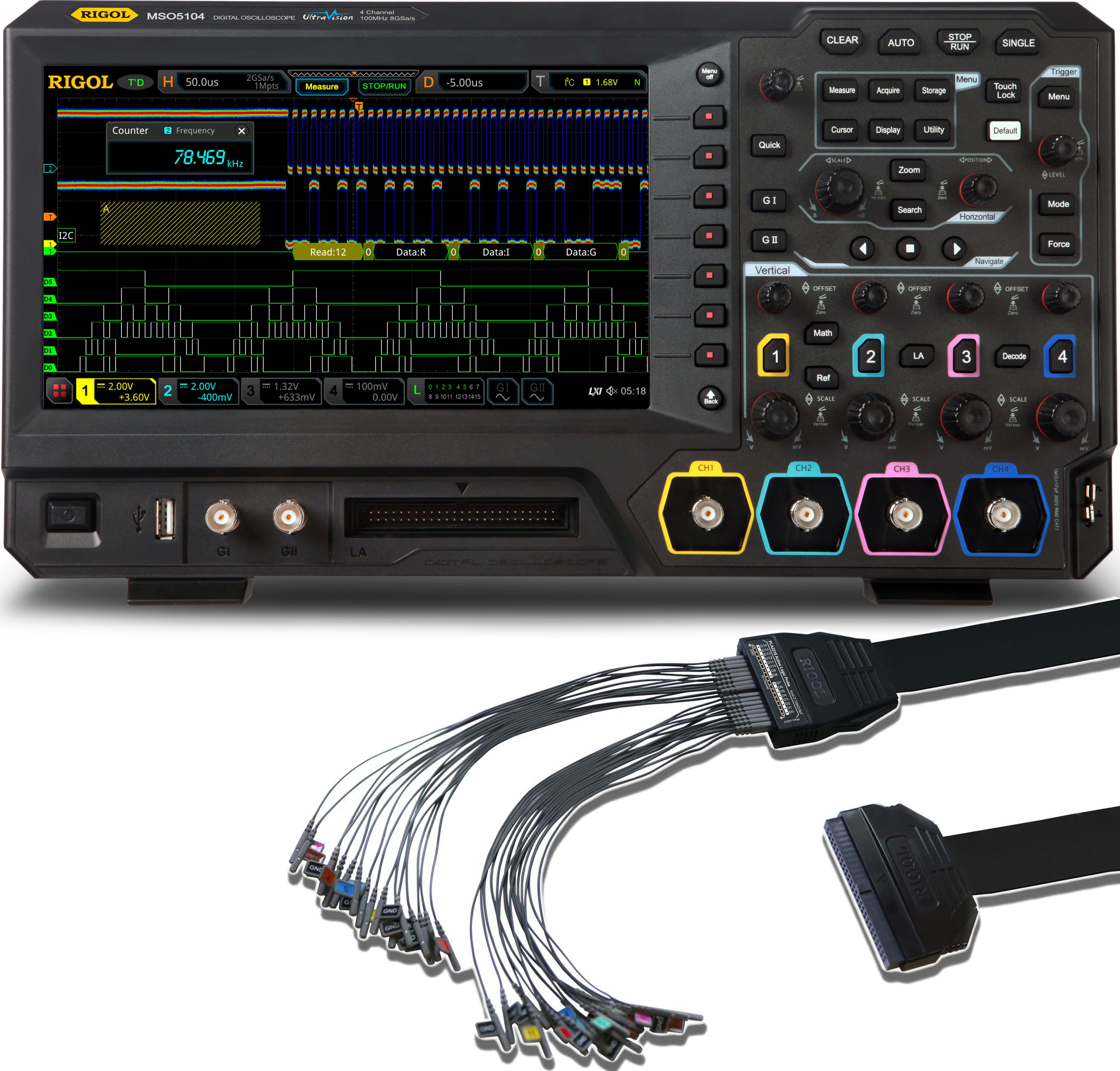 Rigol MSO5104 LA KIT - Four Channel, 100 MHz Mixed Signal Oscilloscope with PLA2216 Logic Probe