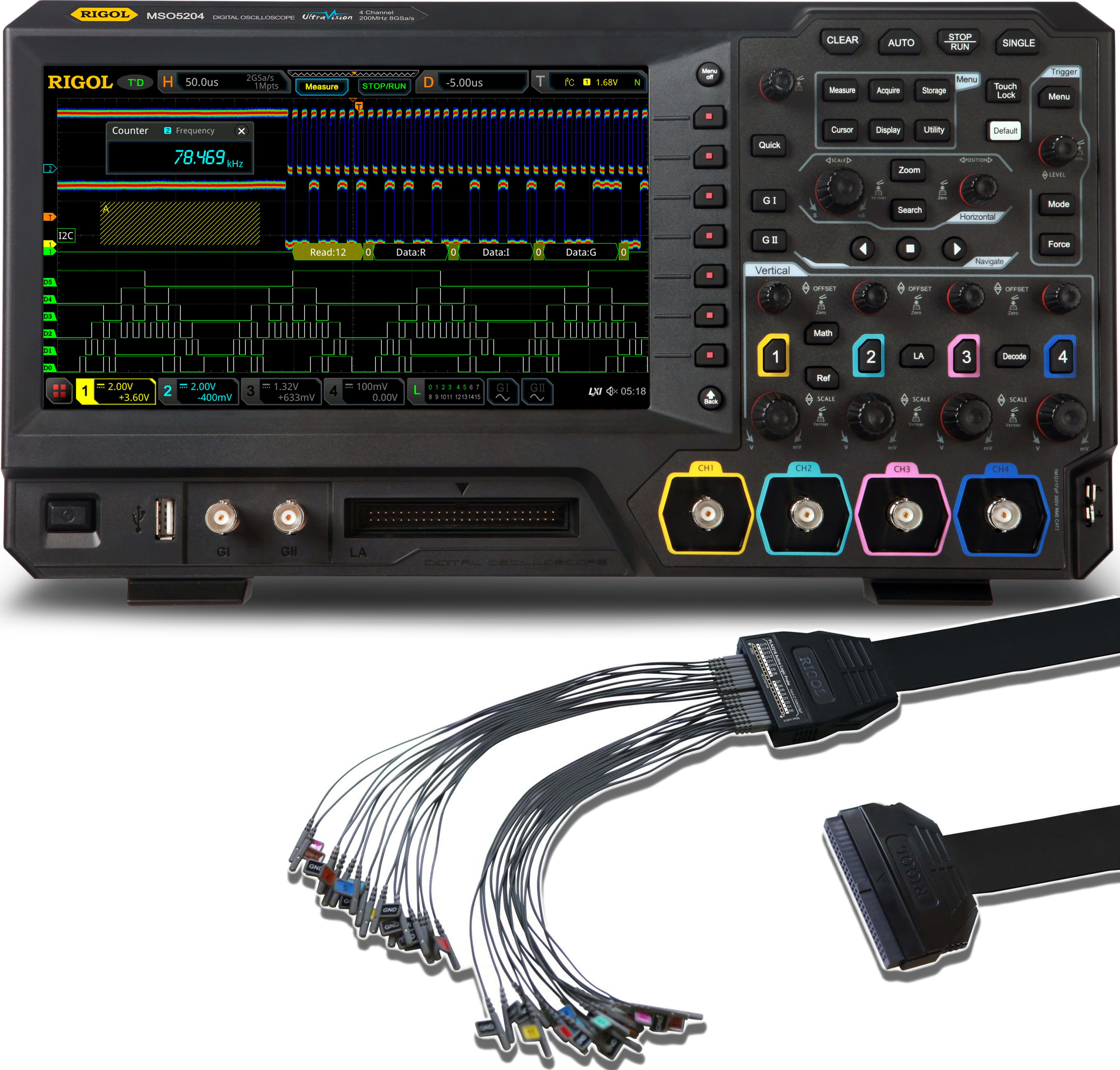 Rigol MSO5204 LA KIT - Four Channel, 200 MHz Mixed Signal Oscilloscope with PLA2216 Logic Probe