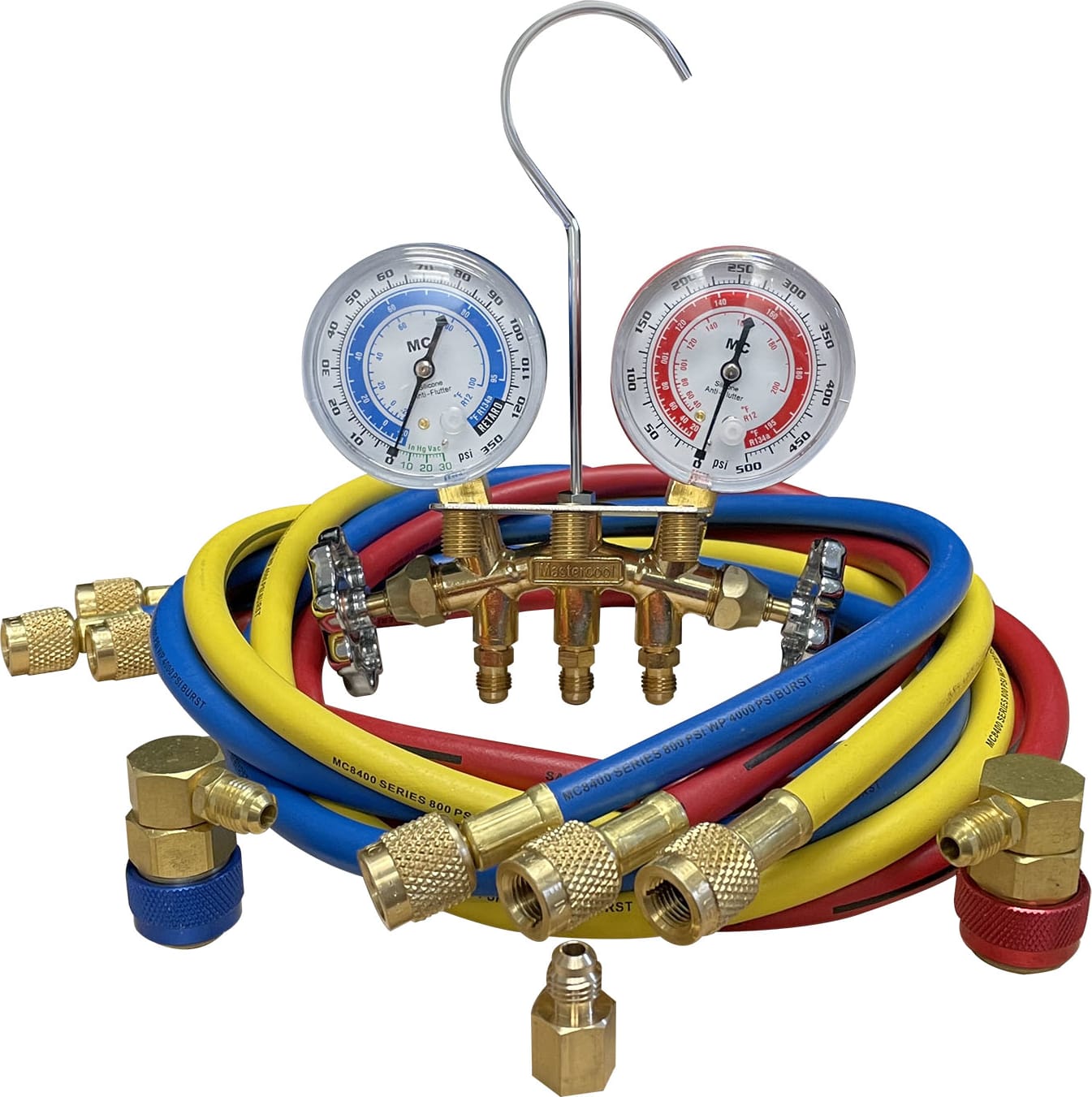 Mastercool 66773 - R134a 2-Way Manifold 2 1/2-Inch Gauge Set with Economy Couplers and Tank Adapter - 72-Inch Hoses 