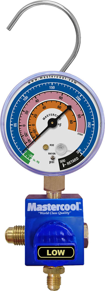 Mastercool 92103-55-1/4 - 1/4 Single Ball Valve Manifold with 3 1/8 Gauge (PSI-F) R410a and R32
