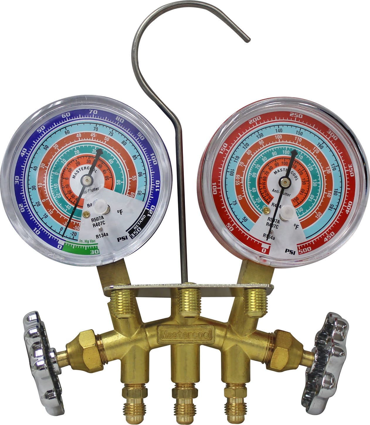 Mastercool 56103 - R404A, R407C, R507A & R134a 2-Way Brass Manifold with Gauges Only