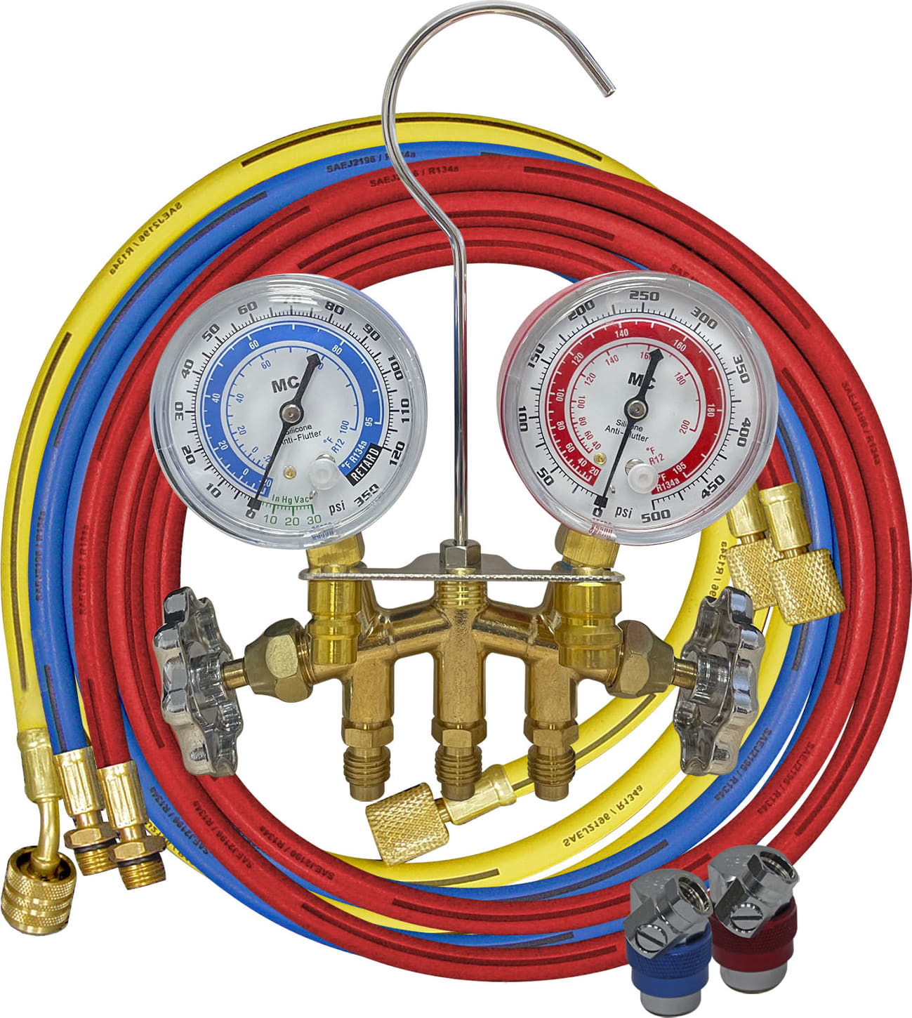 Mastercool 83472-M - R134a 2-Way Brass Manifold Metric Gauge Set, 3-183cm Hoses, 63mm Gauges