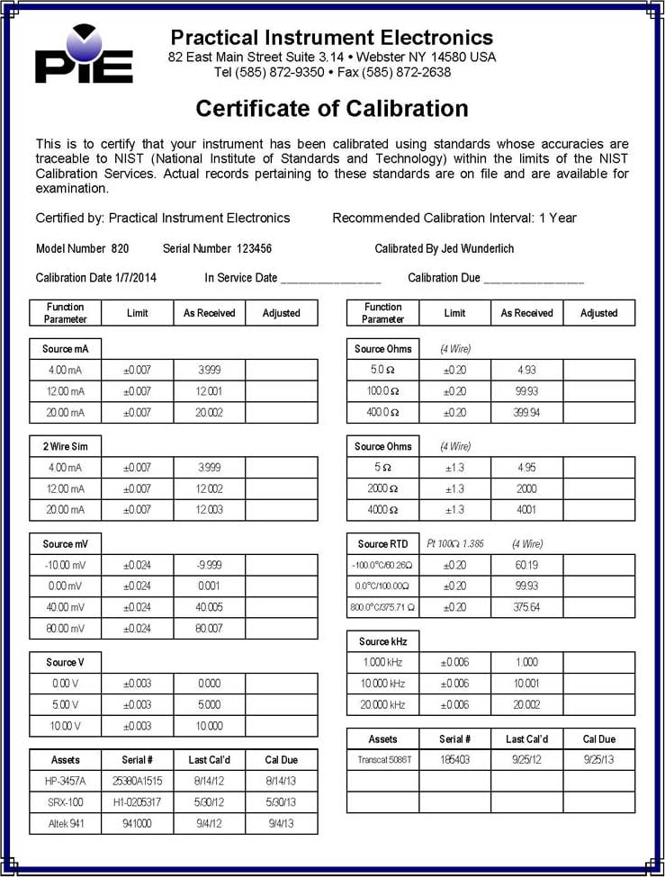 PIE Certified Test Data-1 New Orders Only- Replaces Standard Nist Free Cal 