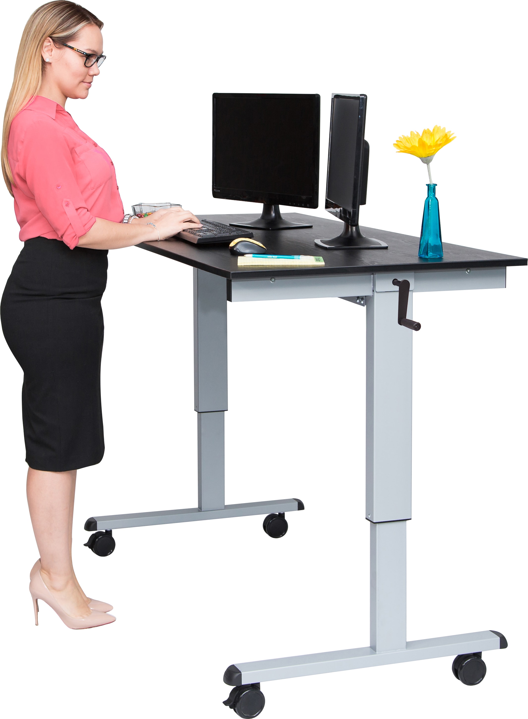 Luxor Standcf60 Ag Bo 60 Inch Crank Adjustable Stand Up Desk Silver Frame Black Oak Finish Touchboards