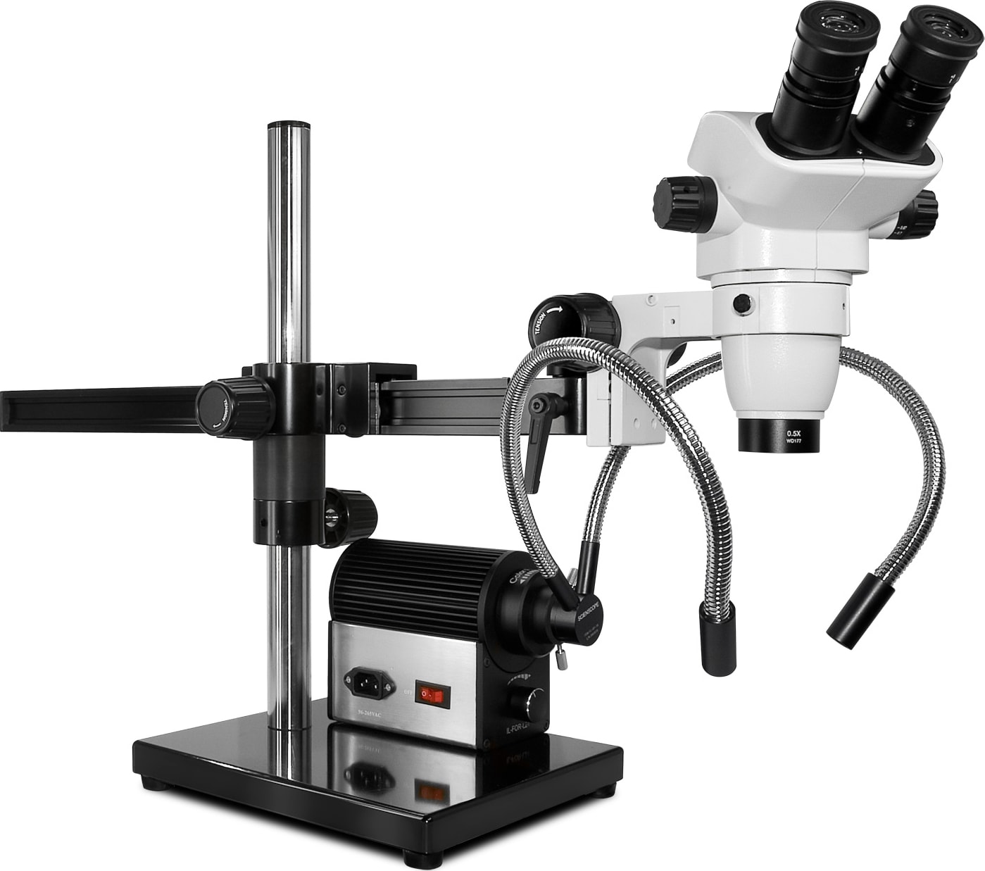 Scienscope CMO-PK5E-DPL-S E-Series 0�-45� Tilting Head on "Single Arm Boom Stand" with Fiber Optic Dual Pipe Light