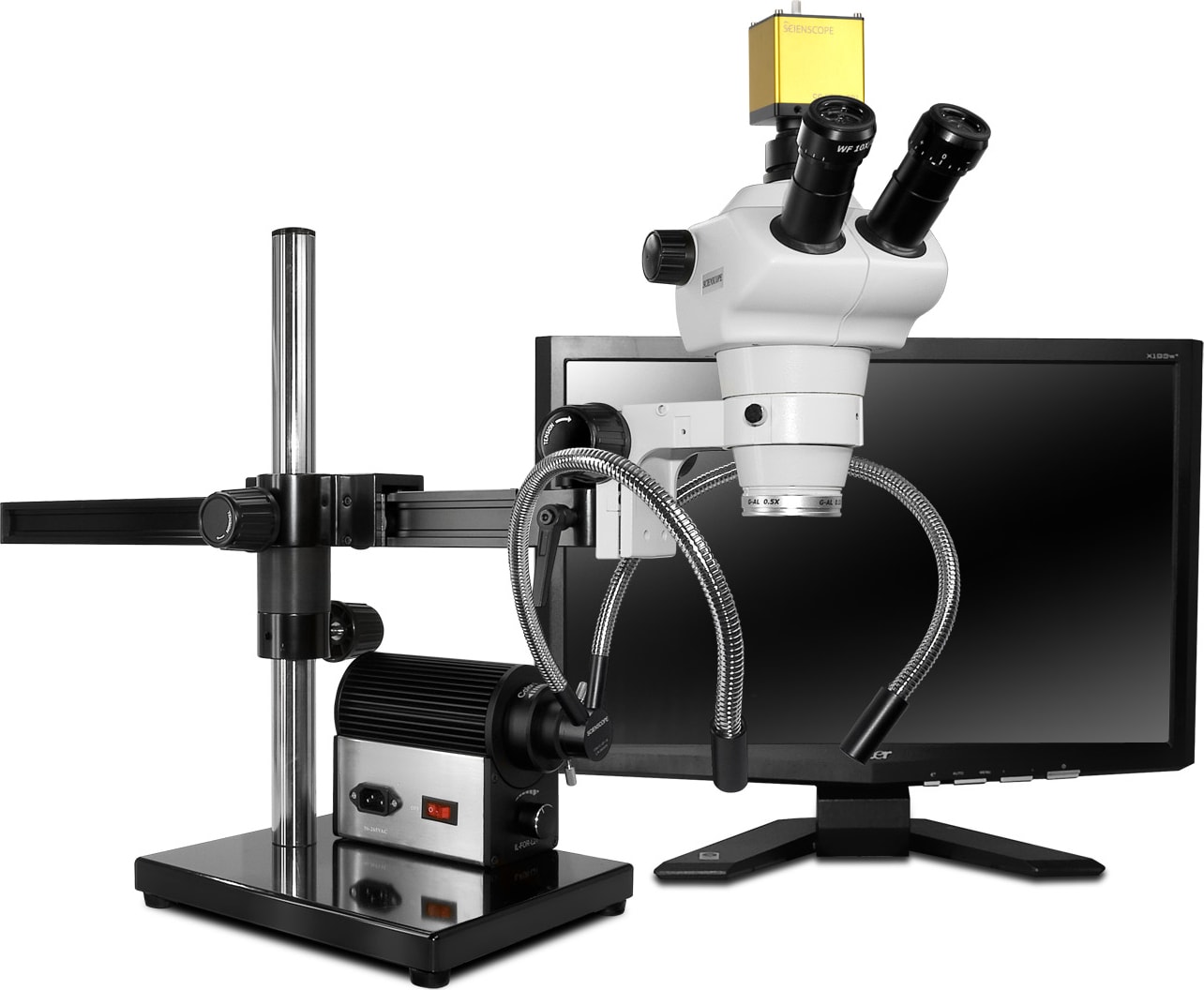 Scienscope CMO-PK7E-DPL-S E-Series 0�-45� Tilting Head on Single Arm Boom Stand w/ HD camera & Fiber Optic Dual Pipe Light 