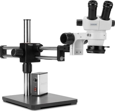 Scienscope ELZ-PK5-AN-D ELZ Stereo Zoom Binocular on Dual Arm Boom Stand w/ Fiber Optic Annular Ring Light