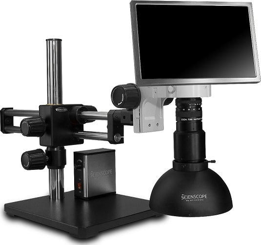 Scienscope MAC2-PK5-DM-D Macro Zoom Lens with HD Camera & Montior Combo on Gliding Arm Boom Stand with Defused LED Dome Ring Light