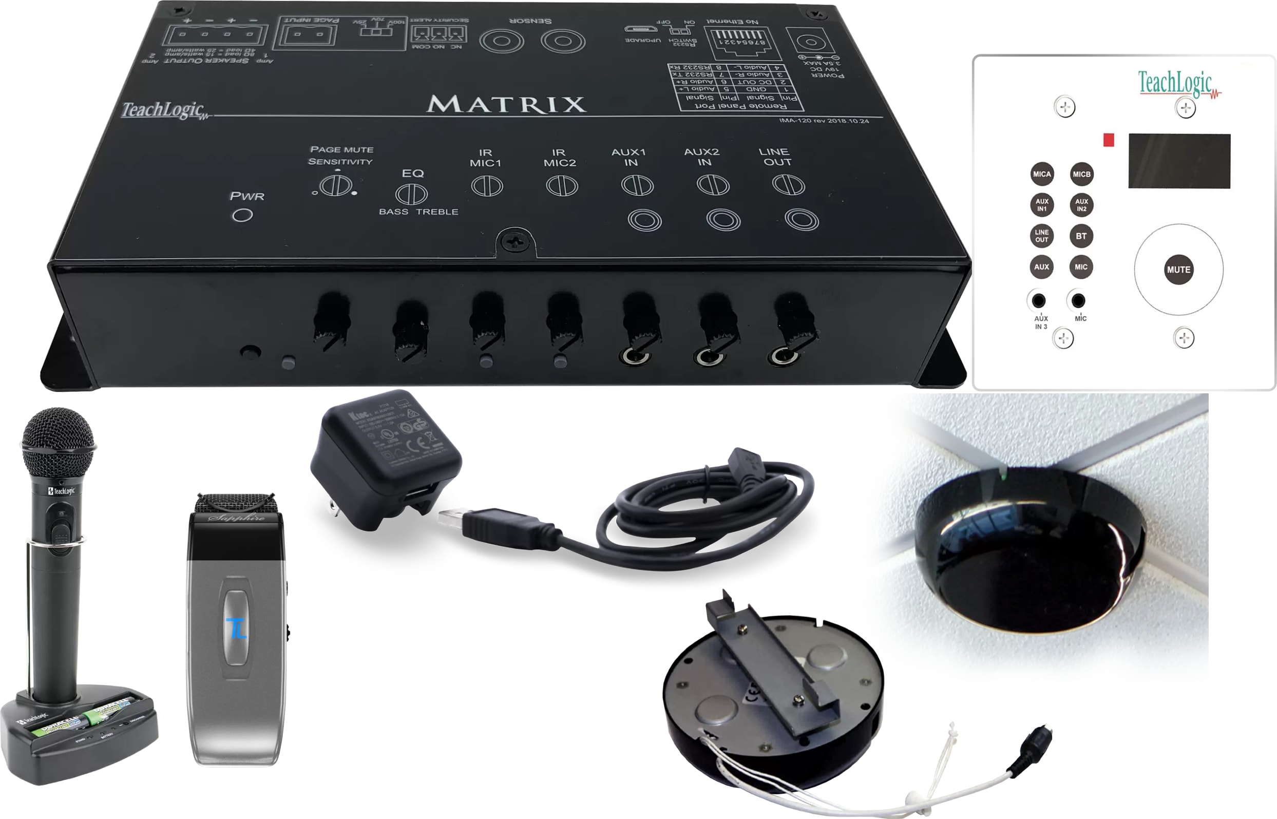 Teach Logic IRP-1630R - Matrix™ Receiver Amplifier w/ CPR-125, Pendant & Handheld Mic, Ceiling Sensor, Plug-in & Handheld Charger