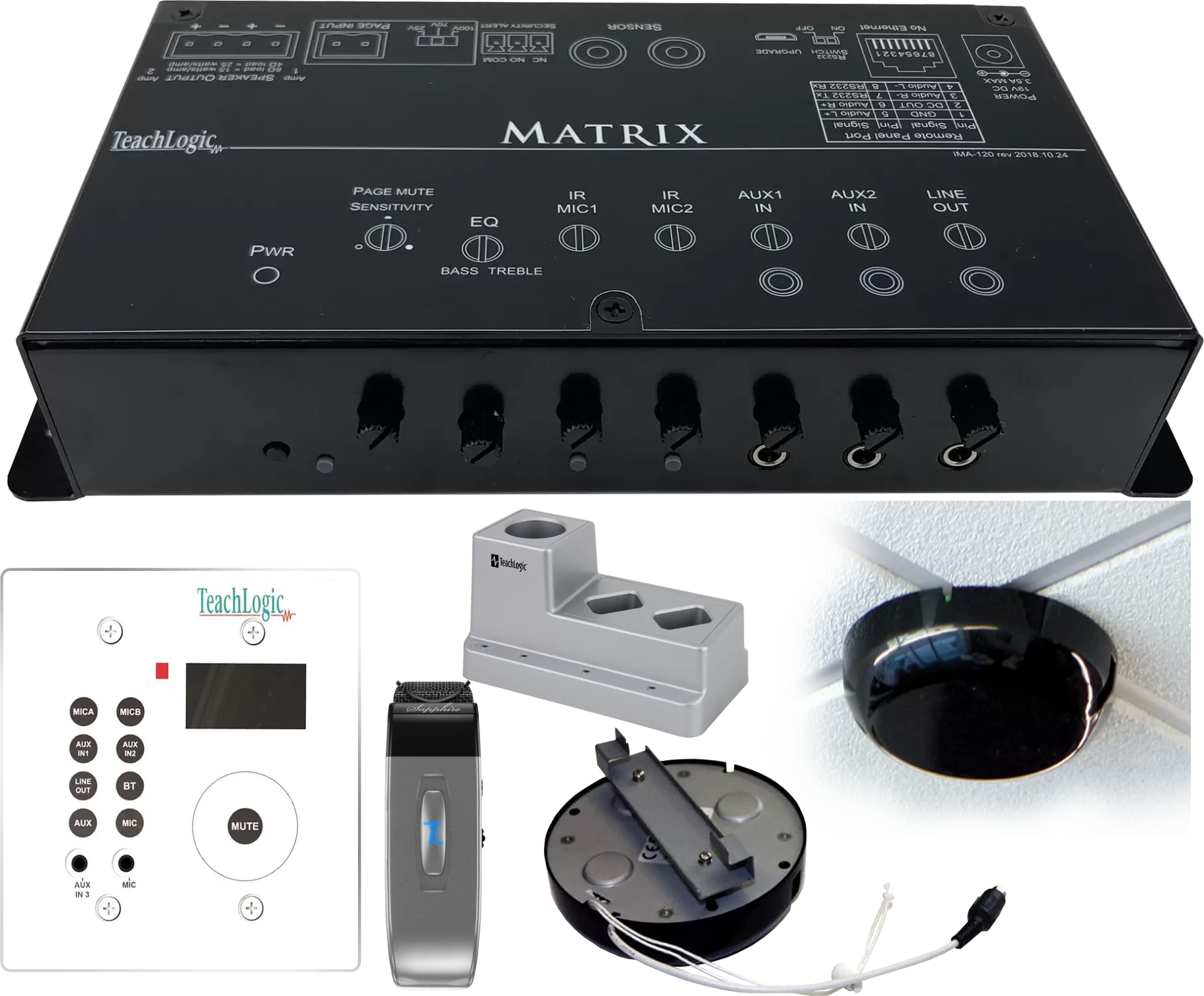 Teach Logic IRP-1655R - Matrix™ Receiver Amplifier w/ CPR-125, 2x Pendant Mic, Ceiling Sensor, Drop-In Charger