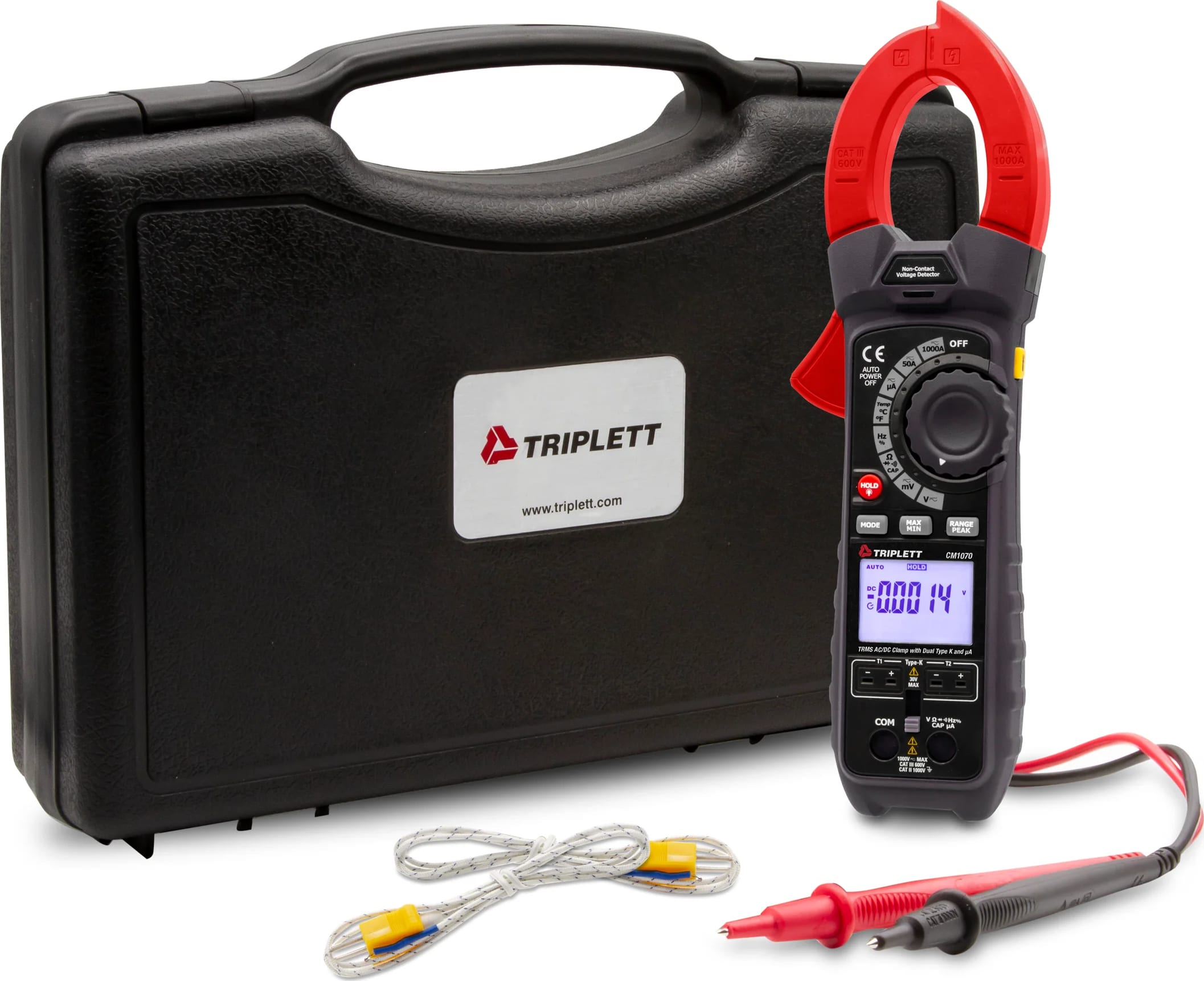 Triplett CM1070 - True RMS Clamp Meter with Type-K Probes, Test Leads, and Carrying Case