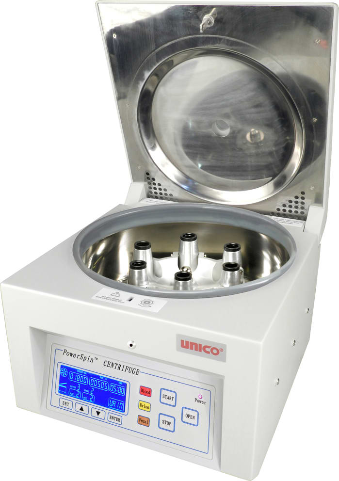 Unico C8706 PowerSpin DX Centrifuge, 6 Place Horizontal Spin with 60 Min Digital Timer, 1000-3400 RPM with 0-RPM Safety Lid Latch, Capacity 6X15 ML Tubes. 110V
