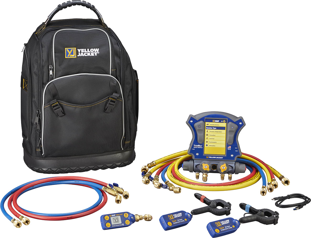 Yellow Jacket TitanMax Digital Manifold Backpack Kit - With Temp Clamps, Vacuum Gauge & 6 Hoses