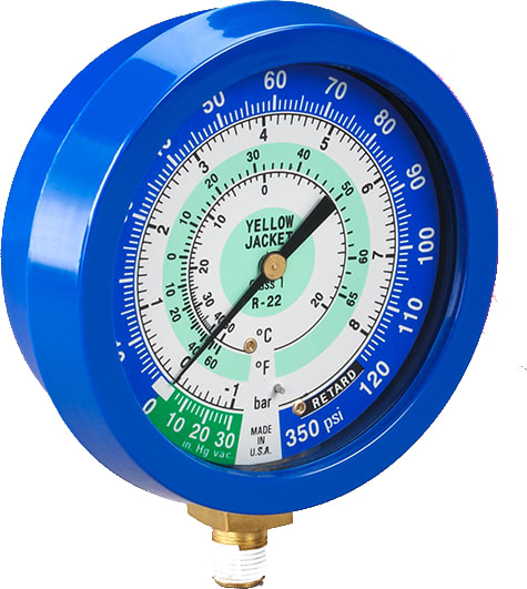 Yellow Jacket 49516 - 3-1/2″ Liquid-Filled Manifold Gauge, Blue Compound, 30″-0-300 psi, R22/410A (°F)