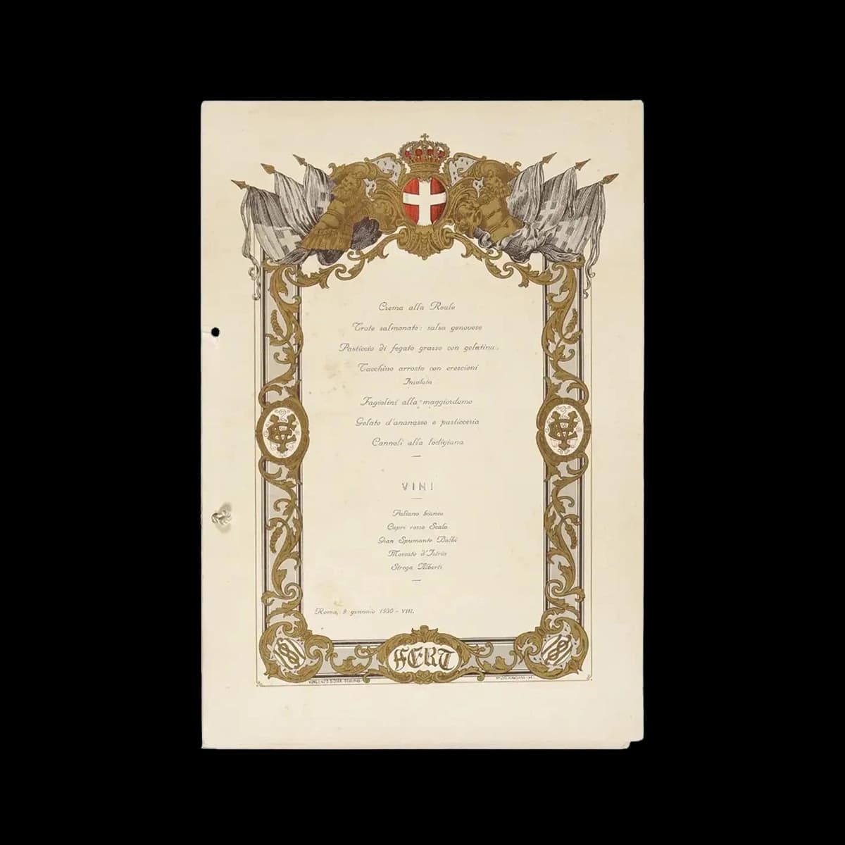 Umberto e Maria José. Pranzo di gala in occasione delle nozze del Principe ereditario Umberto di Savoia e la Principessa Maria Josè del Belgio. Roma, Palazzo del Quirinale, 9 gennaio 1930. Splendido ed estremamente raro menu per il pranzo di gala legato ai festeggiamenti per il matrimonio di Umberto e Maria Josè.