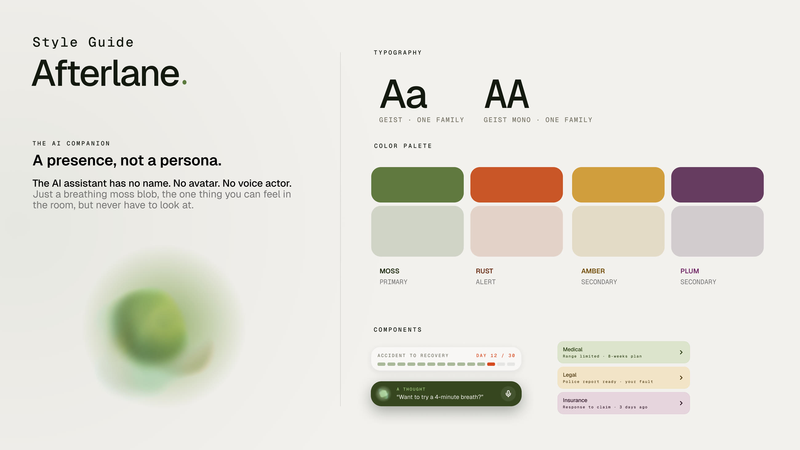 Style guide: the breathing moss light, Geist type, a calm palette