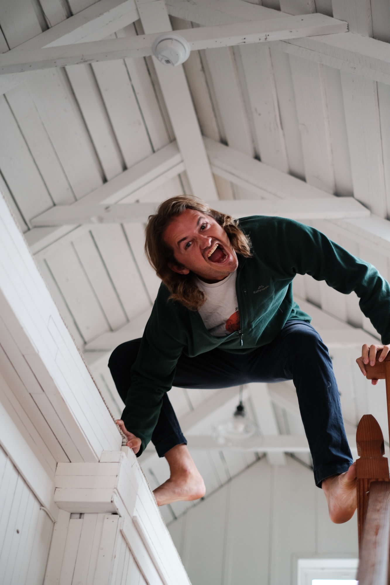 Laurence clowning around up in the rafters