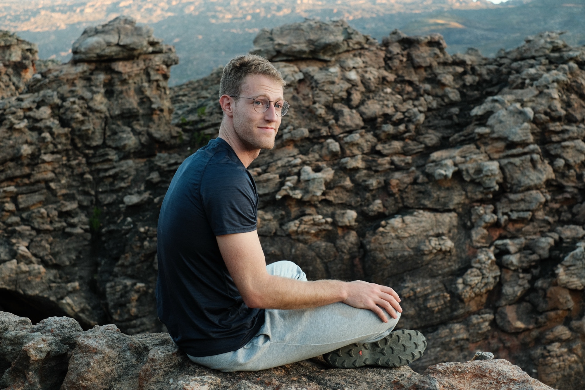 Cross-legged on the rocks at dusk in the Cederberg