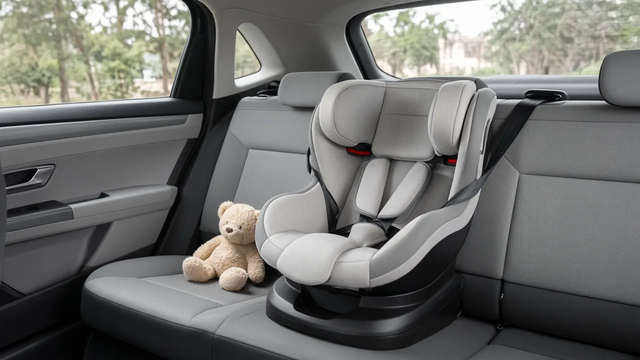 Детское автокресло с серым чехлом установлено на заднем сиденье чистого автомобиля, рядом мягкая игрушка