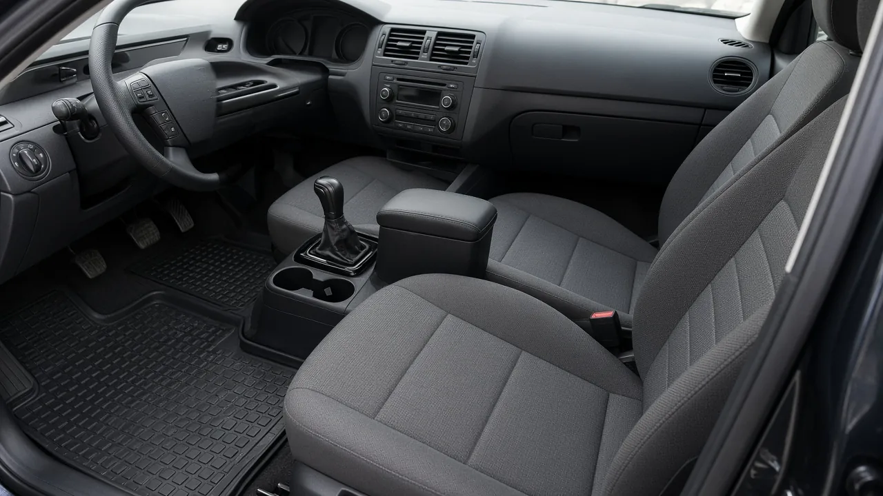 Резиновые коврики с бортиками и защитные чехлы на сиденьях в чистом салоне автомобиля