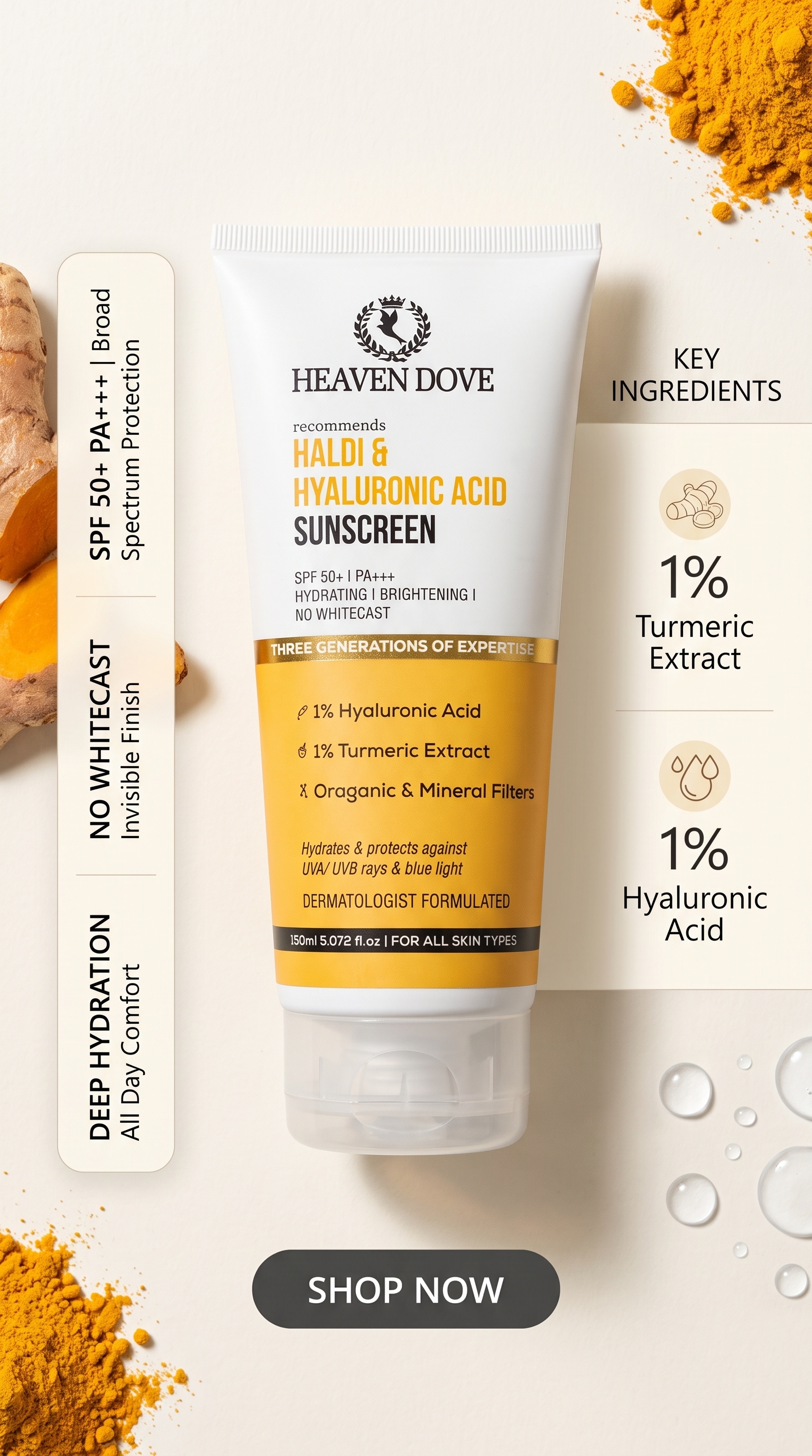 Heaven Dove Haldi & Hyaluronic Acid Sunscreen SPF 50+ PA+++