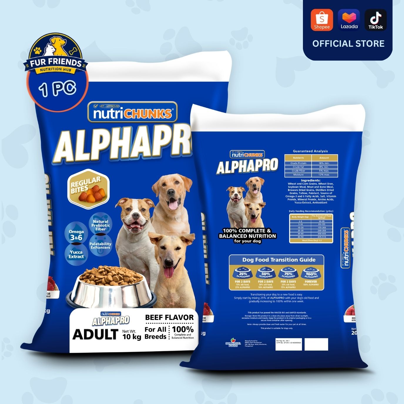 ALPHAPRO Dog Food - REGULAR BITES - Adult Beef Flavor (For All Breeds) Sack 10kg