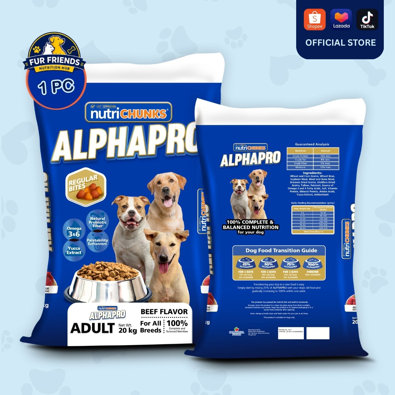 ALPHAPRO Dog Food - REGULAR BITES - Adult Beef Flavor (For All Breeds) Sack 20 kg