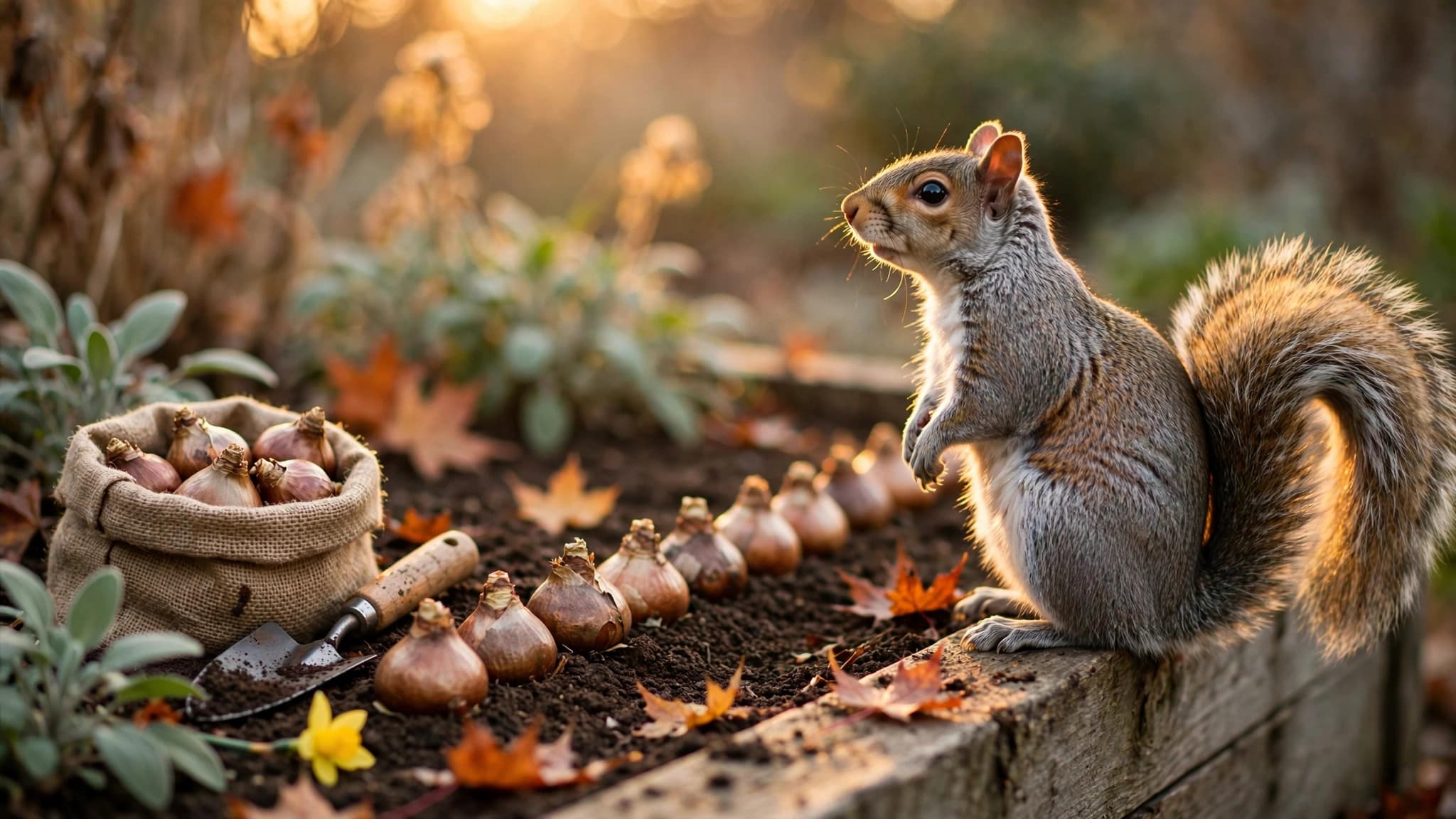 Squirrel proof bulbs in action: a gray squirrel ignoring daffodil bulbs in a garden bed
