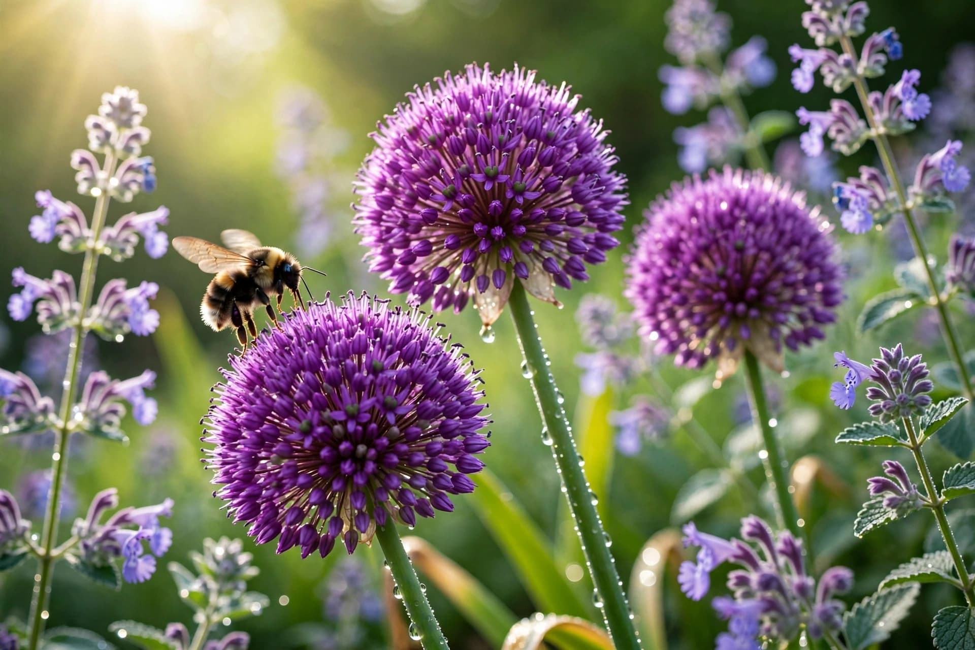 Purple globe alliums in bloom with a bumblebee, one of the pest resistant fall bulbs